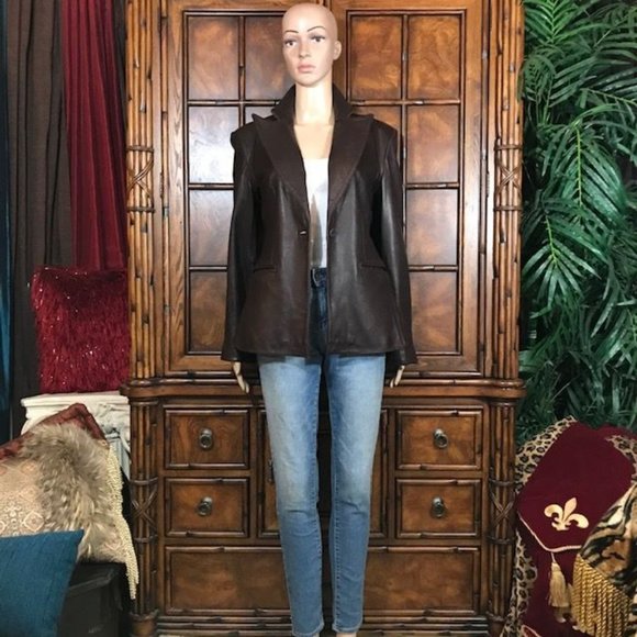 NWOT Anne Klein Genuine Lambskin Leather Couture Cocoa Wide Lapel Blazer - Picture 4 of 13